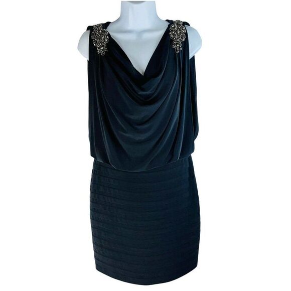 Cache Vtg 90's Beaded Shoulder Cowl Neck Gray Cocktail Dress Stretchy Gorgeous 6 - Picture 1 of 6